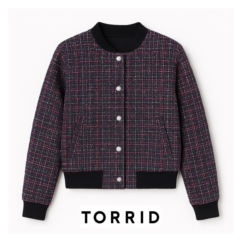 NEW TORRID Women's Pink Tweed Varsity Jacket Pink Black Snap